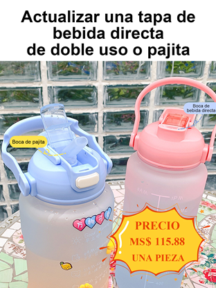 Imagen Botella de agua de 2L, con marcador de tiempo y tapa de bloqueo, con pajita, asa portátil.-431